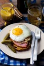 Sandwich with sauerkraut , ham and fried eggs Royalty Free Stock Photo