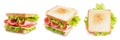 Sandwich with sausage, cheese and tomato on a white isolated background Royalty Free Stock Photo