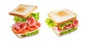 Sandwich with sausage, cheese and tomato on a white isolated background Royalty Free Stock Photo