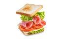 Sandwich with sausage, cheese and tomato on a white isolated background Royalty Free Stock Photo