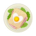 Sandwich with Scrambled Egg and Sliced Ham Served on Plate with Greenery Vector Illustration