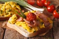 Sandwich with scrambled eggs, bacon, green onions and tomatoes c Royalty Free Stock Photo