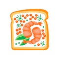 Sandwich with shrimps, red caviar and leaves of basil. Delicious toasted bread. Fast food theme. Flat vector design