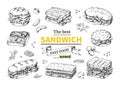 Sandwich sketch. Bagel and bruschetta. Breakfast wrap. Vintage doodle food drawing. Bread snack for bar. Gourmet lunch