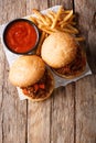 Sandwich Sloppy Joes with sauce and French fries close-up on the Royalty Free Stock Photo