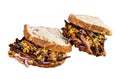 Sandwich with slow smoked pulled pork meat on white bread. Isolated on white background. Royalty Free Stock Photo