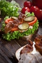 Sandwich with smoked meat, green salad, fresh tomatoes and pickled cucumbers, on kitchen wooden table background Royalty Free Stock Photo