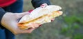 Sandwich with smoked salmon and raclette cheese at a street food market Royalty Free Stock Photo