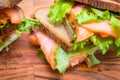 Sandwich with smoked salmon,salad and lemon Royalty Free Stock Photo