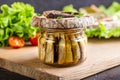 A sandwich with sprots lies on a jar of fish Royalty Free Stock Photo