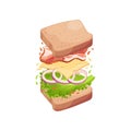 Sandwich on square slices of bread with bacon. Vector illustration on white background.
