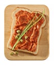 Sandwich with steak tartare on wooden plank Royalty Free Stock Photo