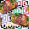 Sandwich tasty fast food. Watercolor background illustration set. Seamless background pattern.