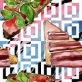 Sandwich tasty fast food. Watercolor background illustration set. Seamless background pattern.