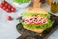 Sandwich. Tasty sandwich with ham or bacon, cheese, tomatoes, lettuce and grain bread. Delicious club sandwich or school lunch, Royalty Free Stock Photo