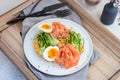 Sandwich with toast bread, smoked salmon, cream cheese, sliced cucumber and boiled eggs Royalty Free Stock Photo