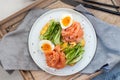 Sandwich with toast bread, smoked salmon, cream cheese, sliced cucumber and boiled eggs Royalty Free Stock Photo