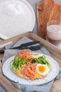 Sandwich with toast bread, smoked salmon, cream cheese, sliced cucumber and boiled eggs Royalty Free Stock Photo