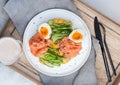 Sandwich with toast bread, smoked salmon, cream cheese, sliced cucumber and boiled eggs Royalty Free Stock Photo