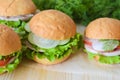 Sandwich with tomato, cucumber salad and ham and onion on a wooden table closeup in the background Royalty Free Stock Photo