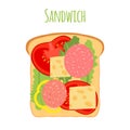 Sandwich. Tomato, pepper, cheese, salad, toast. Flat style. Vector illustration