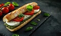 A sandwich with tomatoes and basil on a black table Royalty Free Stock Photo
