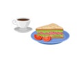 Sandwich and two slices of tomato on blue plate, cup of fresh coffee on saucer. Delicious breakfast. Flat vector design