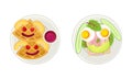 Sandwich and waffles breakfast for kids served on plates set. Top view of funny shaped dishes with eyes vector