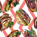 Sandwich in a watercolor style. Watercolour fast food illustration element. Seamless background pattern.