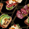 Sandwich in a watercolor style. Watercolour fast food illustration element. Seamless background pattern.