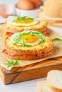 Sandwich white bread with ham or bacon, mustard, cheese, Bechamel sauce, watercress and eggs. CROQUE MADAME Royalty Free Stock Photo