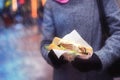 Sandwich in the woman`s hands. Street food.