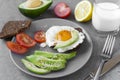 Sandwicheggs and avocado and tomato on a plate, sesame, a piece of bread, a glass of milk on a gray background Royalty Free Stock Photo