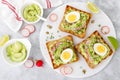 Sandwiches with avocado guacamole, fresh radish, boiled egg, chia and pumpkin seeds. Diet breakfast. Delicious and healthy plant-b Royalty Free Stock Photo