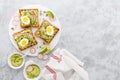 Sandwiches with avocado guacamole, fresh radish, boiled egg, chia and pumpkin seeds. Diet breakfast. Delicious and healthy plant-b Royalty Free Stock Photo