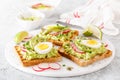 Sandwiches with avocado guacamole, fresh radish, boiled egg, chia and pumpkin seeds. Diet breakfast. Delicious and healthy plant-b Royalty Free Stock Photo