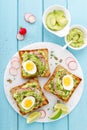 Sandwiches with avocado guacamole, fresh radish, boiled egg, chia and pumpkin seeds. Diet breakfast. Delicious and healthy plant-b Royalty Free Stock Photo