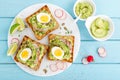 Sandwiches with avocado guacamole, fresh radish, boiled egg, chia and pumpkin seeds. Diet breakfast. Delicious and healthy plant-b Royalty Free Stock Photo