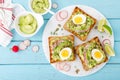 Sandwiches with avocado guacamole, fresh radish, boiled egg, chia and pumpkin seeds. Diet breakfast. Delicious and healthy plant-b Royalty Free Stock Photo