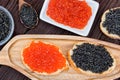 Sandwiches with black sturgeon and red salmon caviar close up Royalty Free Stock Photo