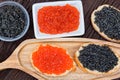 Sandwiches with black sturgeon and red salmon caviar close up Royalty Free Stock Photo
