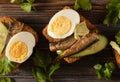 Sandwiches with bread, sprats, fresh cucumber and boiled eggs