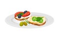 Sandwiches with Cheese, Olives and Tomatoes as Spanish Cuisine Dish Served on Plate Vector Illustration Royalty Free Stock Photo