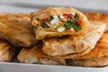 Sandwiches from cheese, parsley, eggs and tomato in Armenian pita bread