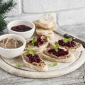 Sandwiches with chicken liver pate and cranberry sauce Royalty Free Stock Photo