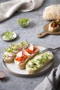 Sandwiches on ciabatta toast with fresh vegetables, radishes, tomatoes, cucumbers and microgreens on gray Royalty Free Stock Photo