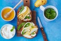 Sandwiches with cottage cheese, honey, pear and walnuts with a m