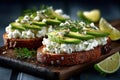 Sandwiches with cottage cheese spread and avocado. Generative AI. Royalty Free Stock Photo