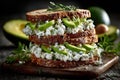 Sandwiches with cottage cheese spread and avocado. Generative AI. Royalty Free Stock Photo