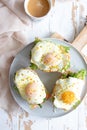 Sandwiches with cream cheese, fresh green salad, salmon and baked egg